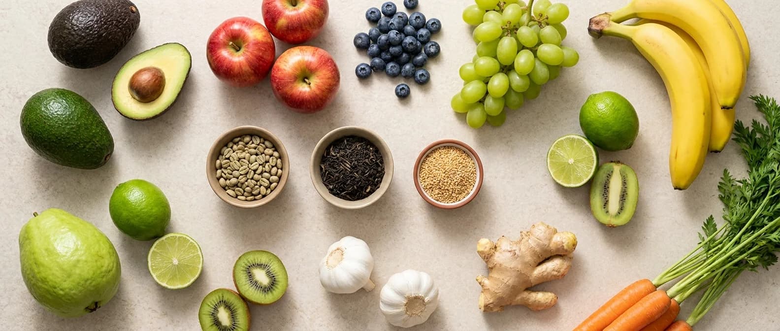 Fresh fruits, vegetables and dry goods from Nawa Fresh arranged on a table, viewed from above