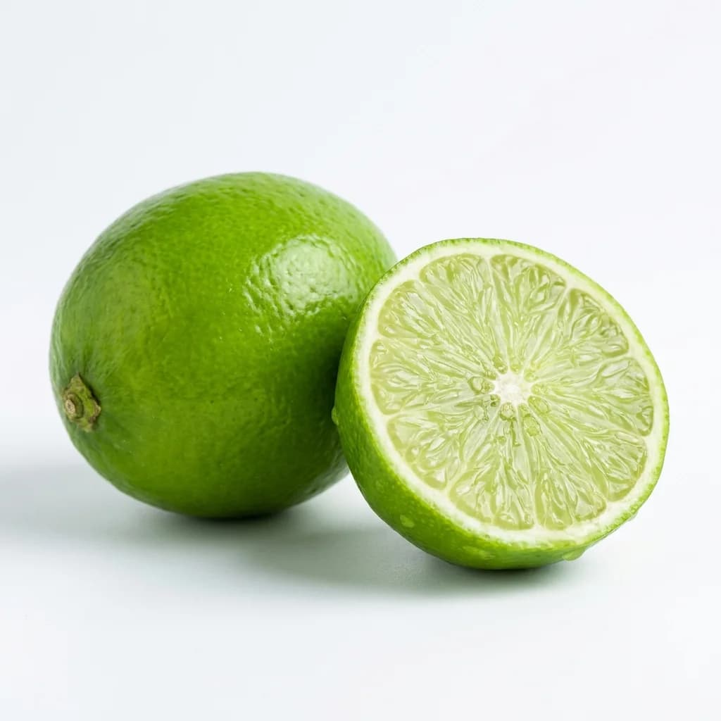 A whole seedless lime beside a halved lime