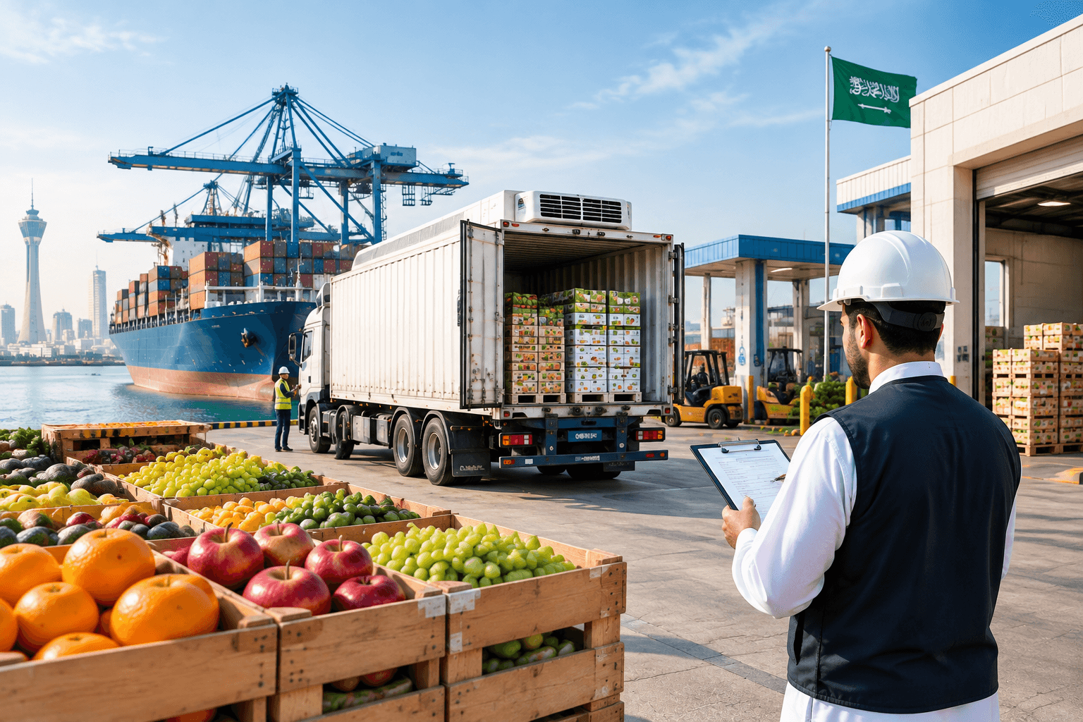 Reefer containers being unloaded at a port terminal for temperature-controlled transport.