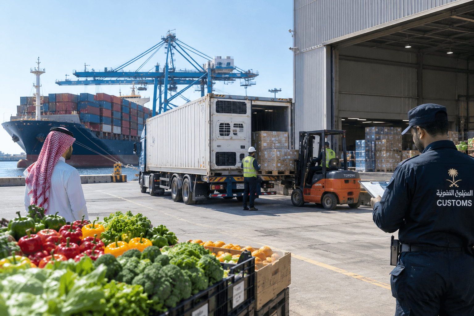 A forklift unloading a pallet of fresh produce into a distribution warehouse.