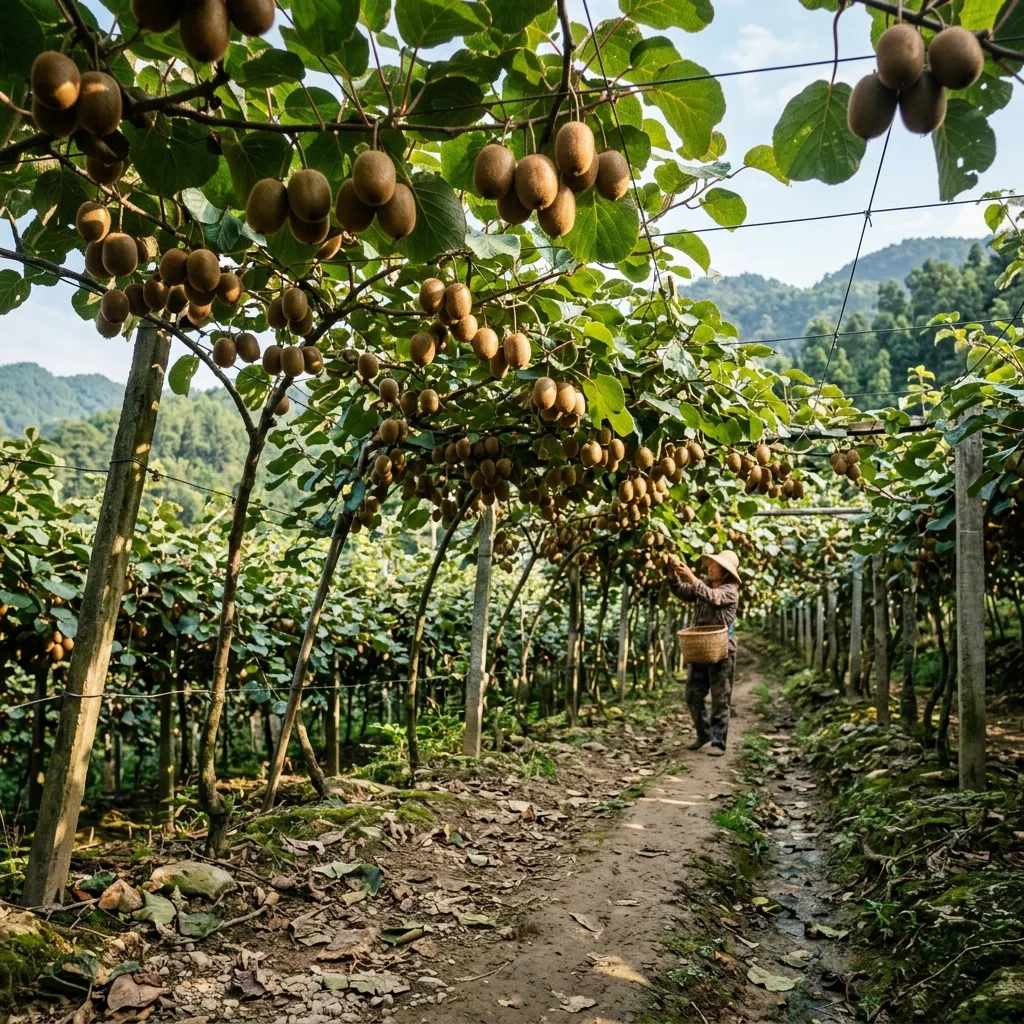 Kiwifruit hanging from trellised vines in an orchard in China