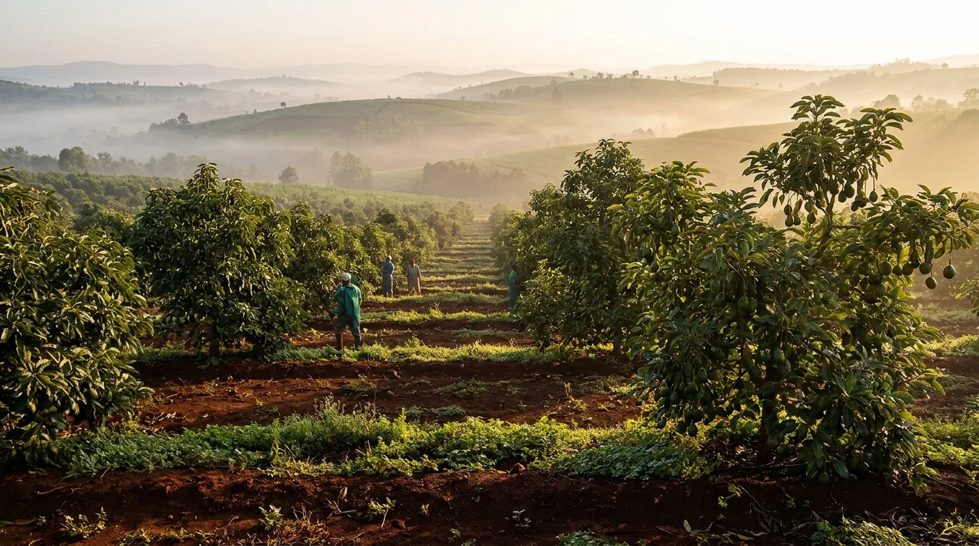Avocado orchard on green highlands in Kenya at sunrise