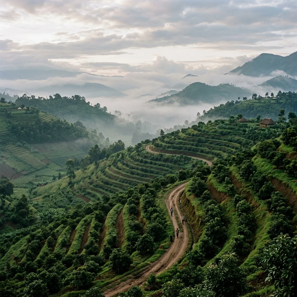 Misty terraced farmland where Nawa Fresh sources produce